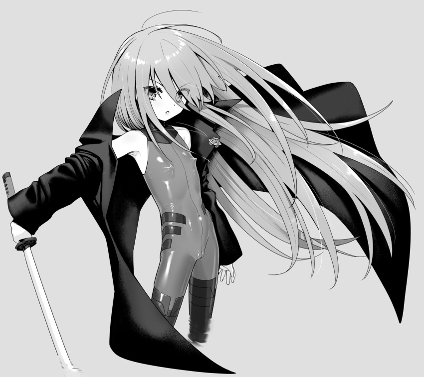 1girl ahoge bare_shoulders black_jacket cameltoe covered_nipples cowboy_shot greyscale highres impossible_clothes jacket jewelry long_hair looking_at_viewer monochrome navel ohlia open_mouth pendant shakugan_no_shana shana skin_tight solo sword taimanin_(series) taimanin_suit weapon