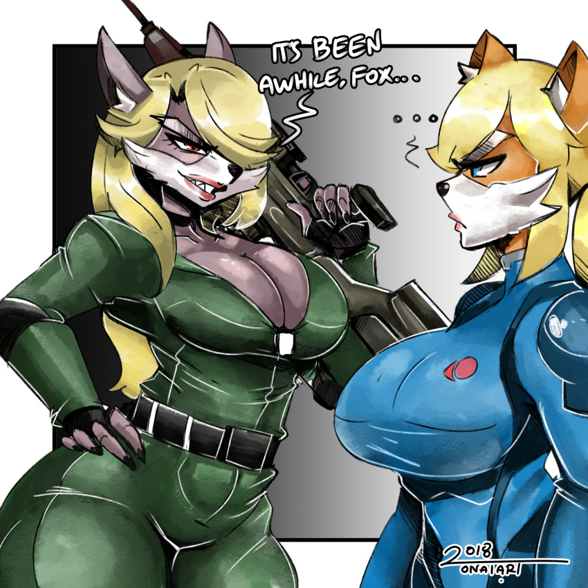 1:1 2018 anthro black_nose blonde_hair blue_eyes breasts brown_body canid canine cleavage clothed clothing dialogue duo english_text female fox fox_mccloud grey_body gun hair hi_res holding_gun holding_object holding_rifle holding_weapon konami mammal metal_gear metroid nintendo onat ranged_weapon red_eyes simple_background smile sniper_wolf star_fox text tight_clothing video_games weapon wolf_o'donnell zero_suit