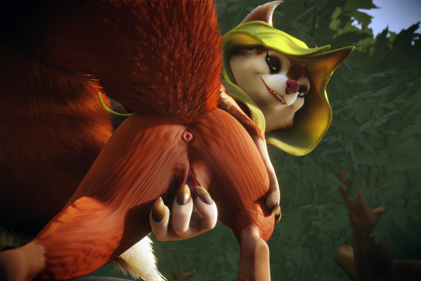 3d_(artwork) ano_delta anthro anus barefoot big_ears big_tail blue_eyes brown_body brown_fur butt claws clothing digital_media_(artwork) feet female fingers forest forest_background fur genitals hi_res hood hoodwink_(dota) looking_at_viewer mammal nature nature_background outside pivoted_ears plant presenting presenting_pussy pussy raised_tail red_nose rodent sciurid solo spread_pussy spreading tail_tuft toes tree tree_squirrel tuft video_games view_from_below weapon white_body wood