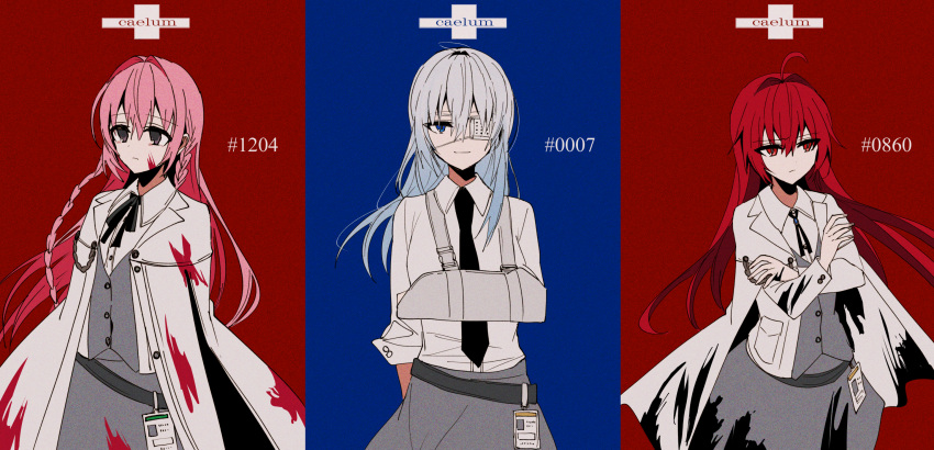 3girls arm_sling bangs black_jacket black_necktie black_ribbon blue_background blue_eyes blue_hair braid cast chihuri closed_mouth collared_shirt crossed_arms eyebrows_visible_through_hair eyepatch gradient_hair grey_hair grey_skirt grey_vest hair_between_eyes hair_intakes highres jacket long_hair looking_at_viewer looking_away medical_eyepatch multicolored_hair multiple_girls neck_ribbon necktie open_clothes open_jacket original pink_hair red_background red_eyes red_hair ribbon shirt short_sleeves skirt smile twin_braids two-tone_background very_long_hair vest white_shirt