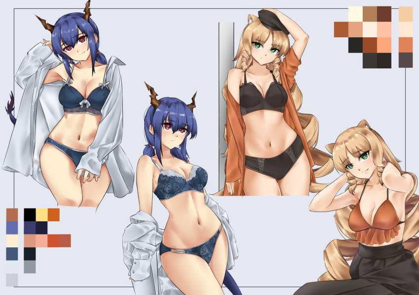 2girls absurdres animal_ears arknights arm_up bangs bare_shoulders black_bra black_headwear black_panties black_skirt blonde_hair blue_bra blue_hair blue_panties bra breasts casperrin ch'en_(arknights) cleavage commentary cropped_legs dragon_horns dragon_tail drill_locks english_commentary eyebrows_visible_through_hair fang fang_out green_eyes grey_background head_tilt highres horns large_breasts long_hair looking_at_viewer low_twintails multiple_girls multiple_views navel off_shoulder open_clothes open_shirt orange_bra orange_shirt panties red_eyes shirt sidelocks simple_background skirt smile standing stomach swire_(arknights) tail thighs tiger_ears twintails underwear very_long_hair white_shirt