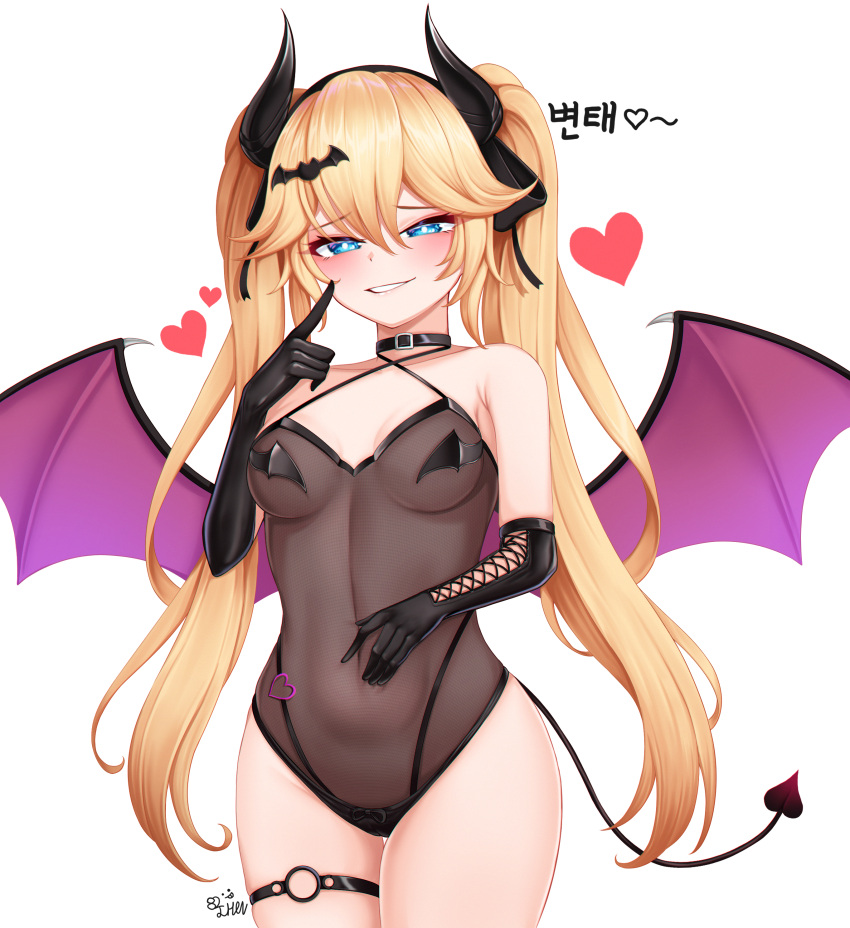 1girl 82jhin absurdres bat_hair_ornament black_gloves blonde_hair blue_eyes blush breasts bright_pupils choker cleavage collarbone demon_girl demon_horns demon_tail demon_wings elbow_gloves eyebrows_visible_through_hair gloves grin hair_ornament half-closed_eyes heart highres horns index_finger_raised korean_text large_breasts last_origin lips long_hair looking_at_viewer navel parted_lips smile solo tail teeth thetis_(last_origin) translation_request twintails white_pupils wings