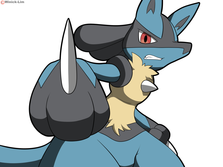 3_fingers ambiguous_gender anthro artist_name black_pupils blue_body blue_ears blue_tail chest_spike clenched_teeth fingers hand_spike hi_res looking_at_viewer lucario nintendo patreon patreon_logo pok&eacute;mon pok&eacute;mon_(species) pupils red_eyes simple_background solo spikes spikes_(anatomy) teeth video_games white_background winick-lim