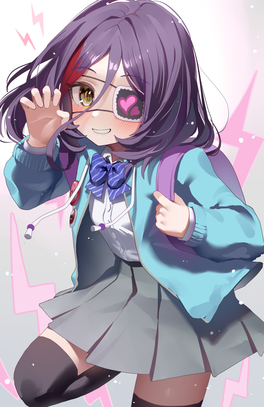 1girl :d absurdres backpack bag black_legwear blue_bow blue_bowtie blush bob_cut bow bowtie cardigan eyepatch gao grin hair_between_eyes hayasaka_mirei heart heart_eyepatch highres idolmaster idolmaster_cinderella_girls lightning_bolt_symbol multicolored_hair ningen_mame pleated_skirt purple_hair red_hair school_uniform simple_background skirt smile solo streaked_hair striped striped_bow striped_bowtie thighhighs zettai_ryouiki