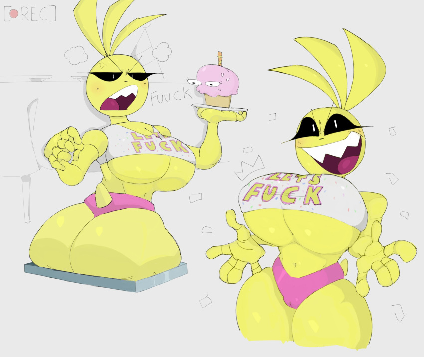 2021 angry animatronic anthro avian beakless big_butt bird breasts butt camel_toe camera_view chicken cleavage clothed clothing crop_top cupcake_(fnaf) digital_media_(artwork) duo female five_nights_at_freddy's five_nights_at_freddy's_2 galliform gallus_(genus) hi_res holding_object kaydude looking_at_viewer looking_back machine midriff navel non-mammal_breasts open_mouth phasianid presenting presenting_breasts presenting_hindquarters profanity recording robot scottgames sharp_teeth shirt stuck teeth thick_thighs thong topwear toy_chica_(fnaf) under_boob underwear vent video_games yellow_body
