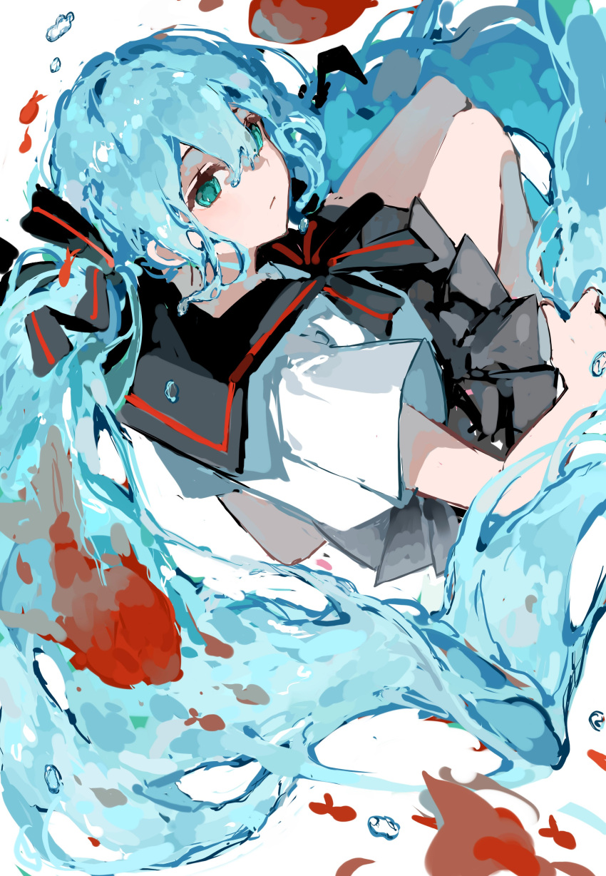 1girl absurdres animal aqua_eyes blue_hair bottle_miku closed_mouth fish grey_skirt hair_between_eyes hatsune_miku highres light_blue_hair light_blush linglingzhong3 liquid_hair long_hair looking_back simple_background sketch skirt twintails very_long_hair vocaloid water_drop white_background