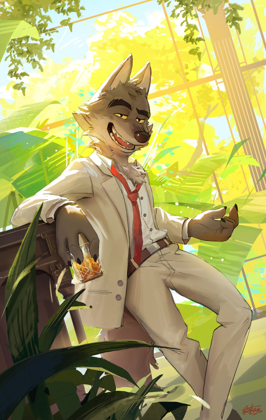 2022 4_fingers anthro beckoning belt beverage biped black_claws black_nose blue_sky bottomwear canid canine canis cheek_tuft chest_tuft claws clothed clothing container crossed_legs cup detailed_background dreamworks dress_shirt facial_tuft fingers fully_clothed fully_clothed_anthro fully_clothed_male fur gesture glass glass_container glass_cup grey_body grey_fur happy head_tuft hi_res holding_beverage holding_object jacket leaning leaning_on_object lokey looking_at_viewer male mammal mr._wolf_(the_bad_guys) necktie pants pink_tongue plant portrait red_necktie sharp_teeth shirt signature sky smile solo standing suit teeth the_bad_guys three-quarter_portrait tongue topwear tree tuft white_bottomwear white_clothing white_jacket white_pants white_shirt white_suit white_topwear window wolf yellow_sclera