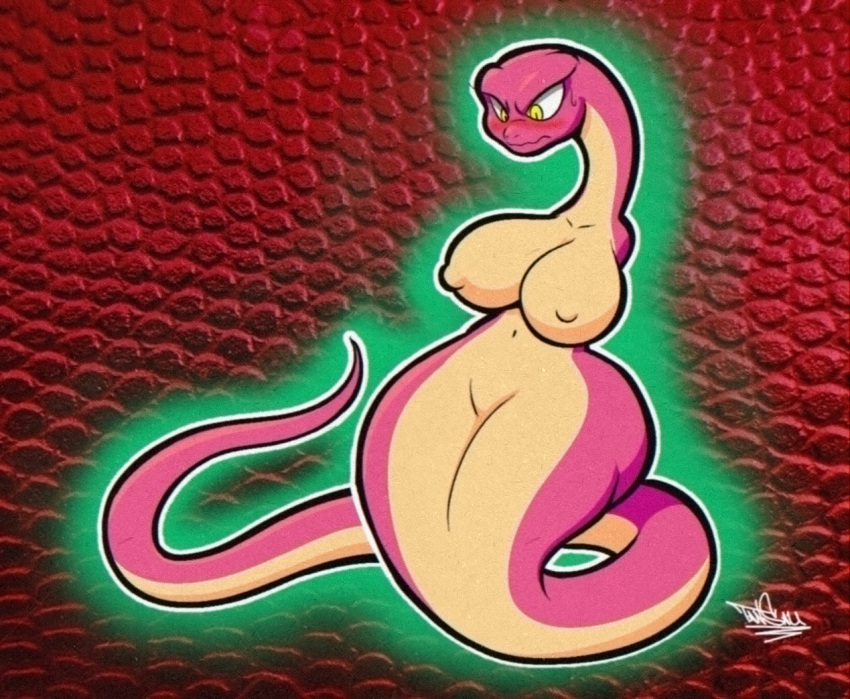 2022 angry big_breasts big_butt blush breasts busty_feral butt featureless_crotch female feral huge_breasts huge_butt huge_hips navel nipples purple_body purple_scales reptile scales scalie snake solo tansau yellow_eyes