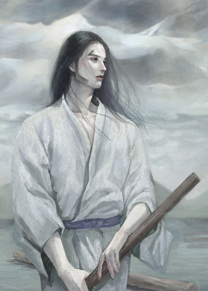 1boy absurdres black_hair day golden_kamuy grey_sky highres japanese_clothes kimono log long_hair male_focus oosawa_fusatarou outdoors overcast pwkj_cos sideburns solo standing white_kimono