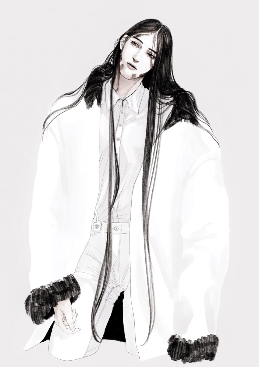 1boy absurdres black_eyes black_hair coat facial_hair golden_kamuy grey_background highres long_hair long_sleeves oosawa_fusatarou pants pwkj_cos shirt sideburns simple_background solo standing very_long_hair white_coat white_pants white_shirt