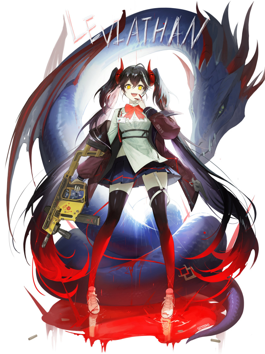 1girl absurdres antenna_hair black_hair black_legwear blood blood_on_hands blue_skirt bow check_copyright closed_mouth coat copyright_request english_text eyebrows_visible_through_hair fangs fins frills grey_hair gun hair_between_eyes highres holding holding_gun holding_weapon horns id_card long_hair monster multicolored_hair open_clothes open_coat open_mouth original puddle_of_blood purple_coat red_bow red_horns reflection sea_monster sharp_teeth shoes signature skirt skull smile sneakers soyoong_jun spikes standing streaked_hair teeth thighhighs triangle twintails upper_teeth very_long_hair weapon white_footwear yellow_eyes zipper zipper_pull_tab