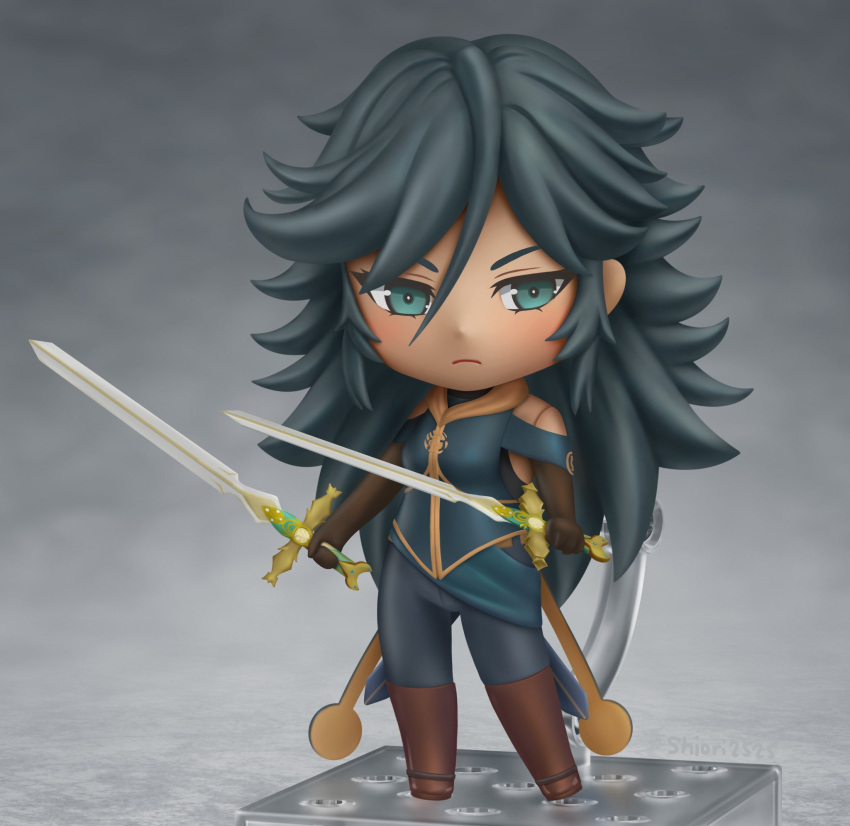 1girl black_gloves black_hair boots brown_footwear character_request chibi closed_mouth commission copyright_request dual_wielding elbow_gloves faux_figurine full_body gloves green_eyes hair_between_eyes highres holding holding_sword holding_weapon knee_boots long_hair looking_at_viewer nendoroid second-party_source shiori2525 solo spiked_hair sword tan weapon