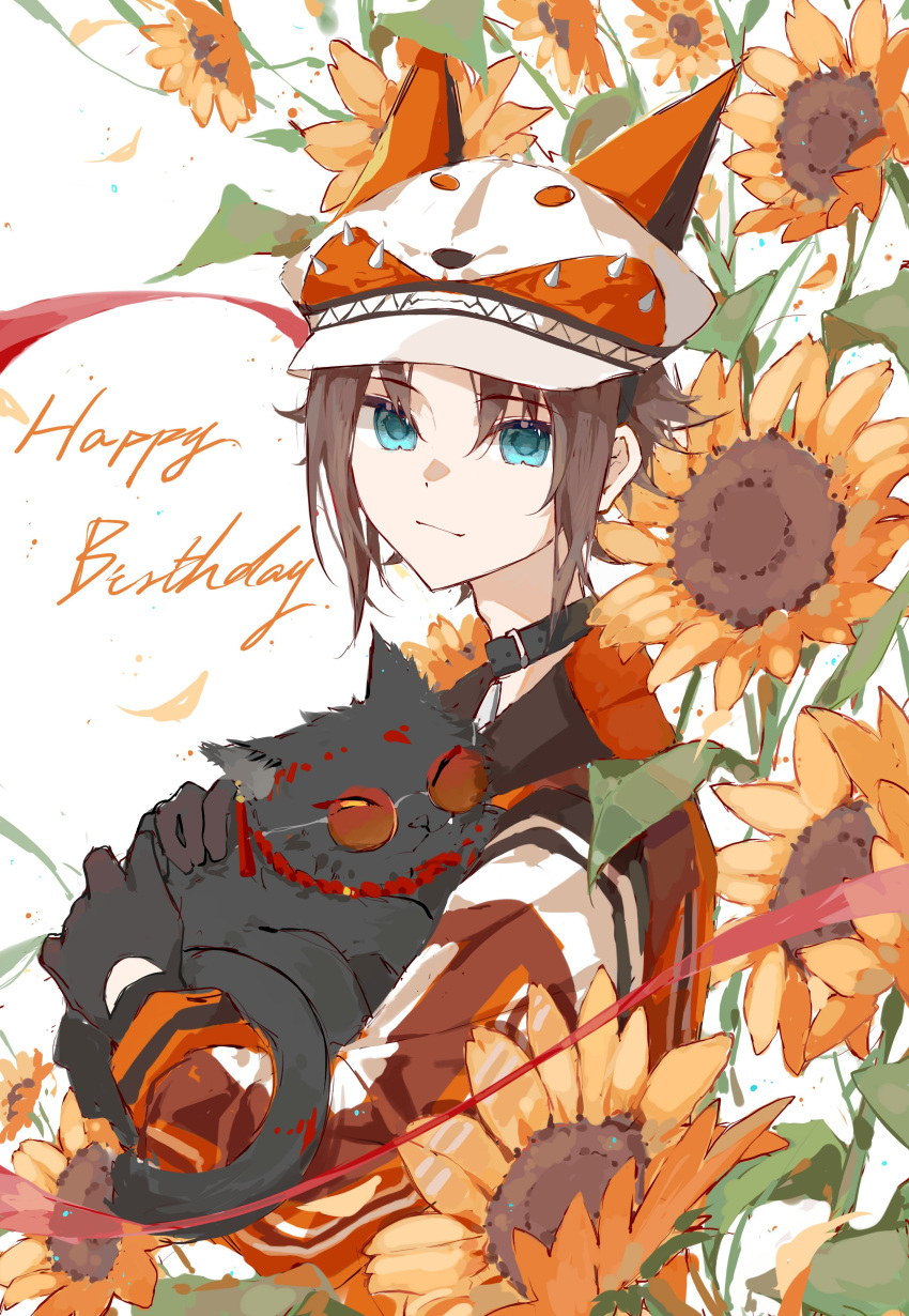 1boy absurdres animal aqua_eyes black_cat black_gloves blue_eyes brown_hair cat closed_mouth collar earrings eyebrows_visible_through_hair flower glasses gloves grey_collar happy_birthday hat highres holding holding_animal holding_cat jewelry linglingzhong3 looking_at_viewer male_focus mysta_rias nijisanji nijisanji_en orange-framed_eyewear orange_eyes smile spikes sunflower tassel tassel_earrings virtual_youtuber white_headwear yellow_flower