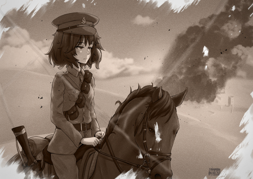 1girl akiyama_yukari artist_name belt closed_mouth cloud cloudy_sky commentary commission dated day desert english_commentary epaulettes frown girls_und_panzer gun half-closed_eyes hat horizon horse horseback_riding jacket long_sleeves looking_to_the_side messy_hair military military_hat military_uniform monochrome nyaxxy outdoors pants peaked_cap pouch riding rifle sam_browne_belt sepia short_hair signature sky smoke solo texture uniform weapon world_war_i