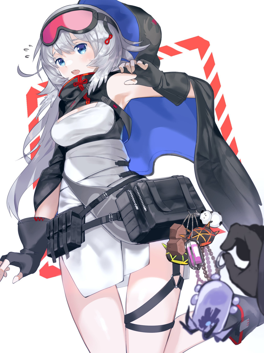 1girl absurdres arknights armpits bag bag_charm bangs black_bag black_cape black_gloves blue_eyes breasts cape charm_(object) dress fingerless_gloves flying_sweatdrops gloves goggles goggles_on_head grey_hair highres holding_charm hood hood_up hooded_cape kawasumi_(tk2k_jade) long_hair looking_at_viewer medium_breasts mulberry_(arknights) open_mouth originium_slug_(arknights) originium_slug_beta_(arknights) orirock_(arknights) panda_ornament pocket_sea_crawler_(arknights) teeth upper_teeth very_long_hair white_background white_dress