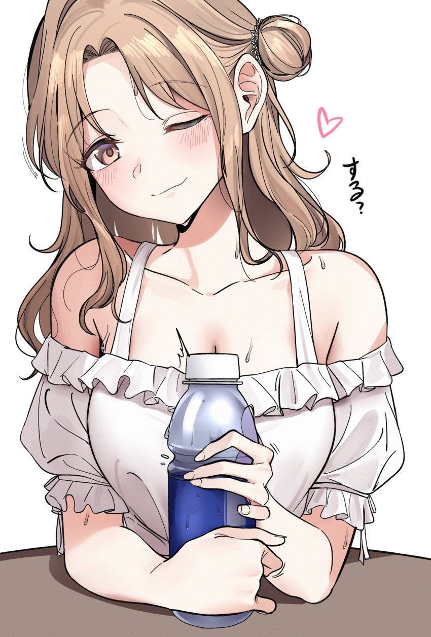 1girl ;) armpit_crease bangs blush bottle breasts brown_hair cleavage collarbone frilled_shirt_collar frilled_sleeves frills hair_bun head_tilt highres holding holding_bottle ichikawa_hinana idolmaster idolmaster_shiny_colors liu_chi_tiantang_fr looking_at_viewer motion_lines off-shoulder_shirt off_shoulder one_eye_closed parted_bangs shirt simple_background smile solo sweatdrop upper_body white_background white_shirt