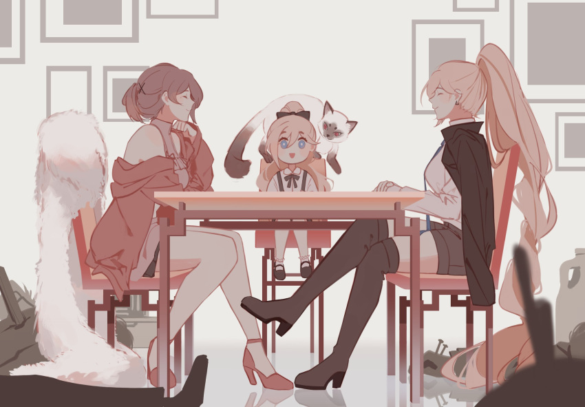 3girls 3others :d bangs bianka_durandal_ataegina blade_durandal blonde_hair blue_eyes boots brown_footwear brown_hair brown_jacket brown_necktie brown_skirt cat chair closed_eyes closed_mouth crossed_legs death full_body high_heels highres honkai_(series) honkai_impact_3rd indoors jacket knife long_hair long_sleeves multiple_girls multiple_others necktie open_mouth overall_skirt pink_jacket pink_sweater ponytail portrait_(object) red_footwear rita_rossweisse shirt sitting skirt sleeveless smile stan_(honkai_impact) sweater table thigh_boots thighhighs very_long_hair white_legwear white_shirt ylceon
