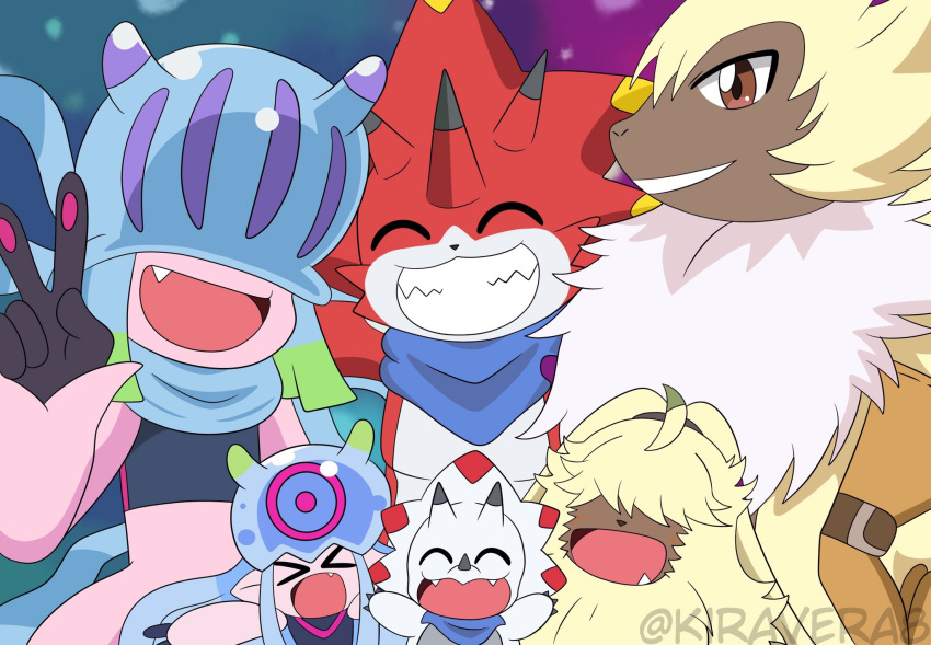 angoramon anthro bandai_namco bandanna betelgammamon digimon digimon_(species) digimon_ghost_game female fur gammamon gesture grin group hi_res horn humanoid jellymon kerchief kira-vera male pink_body red_body scarf smile symbareangoramon tentacles teslajellymon trio v_sign yellow_body yellow_fur