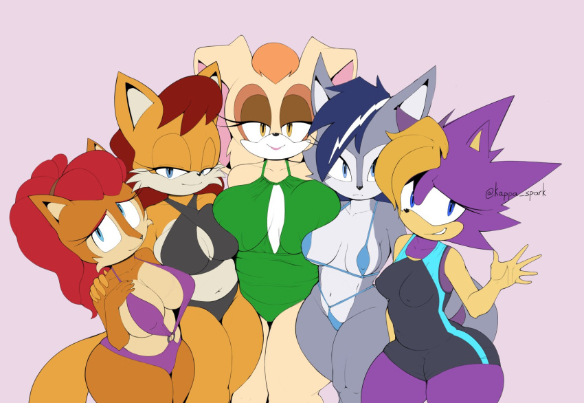 alicia_acorn anthro archie_comics big_breasts bikini breasts canid canine canis chipmunk cleavage clothed clothing eulipotyphlan female fox ground_squirrel group hedgehog hi_res kappa_spark lagomorph leporid looking_at_viewer mammal mature_female rabbit rodent rosemary_prower sciurid sega sonic_the_hedgehog_(archie) sonic_the_hedgehog_(comics) sonic_the_hedgehog_(series) swimwear vanilla_the_rabbit wolf