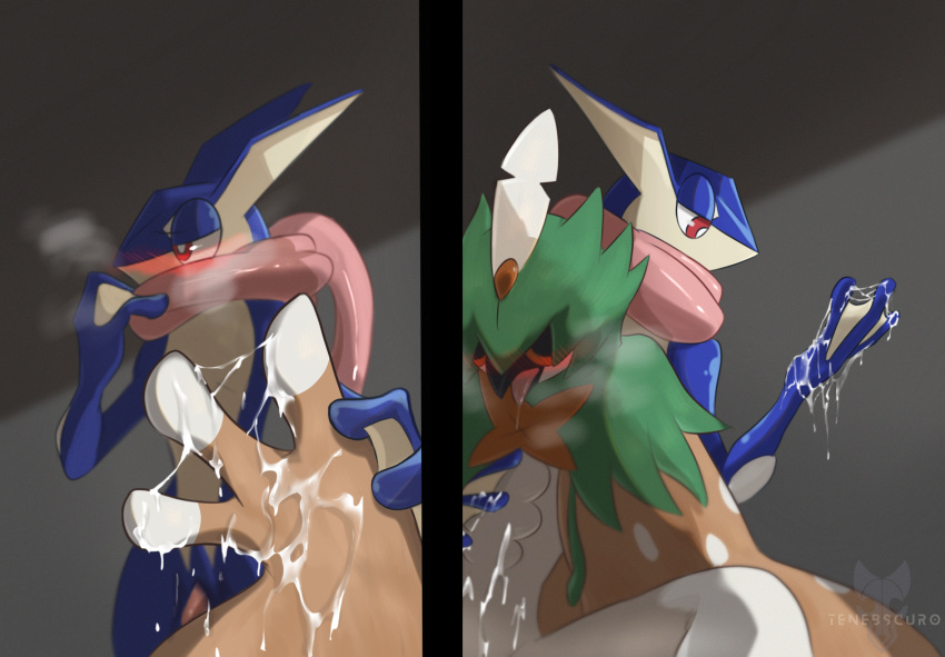 ambiguous_gender anthro beak blue_body blush bodily_fluids brown_body brown_feathers cum cum_drip cum_on_belly cum_on_body cum_on_hand cum_string decidueye dripping duo eyes_closed feathers genital_fluids genitals green_body green_feathers greninja grey_background hi_res long_tongue male membrane_(anatomy) nintendo nude open_mouth penis pok&eacute;mon pok&eacute;mon_(species) red_eyes scalie shaded simple_background spread_legs spreading tenebscuro tongue tongue_out video_games watermark webbed_hands white_body white_feathers