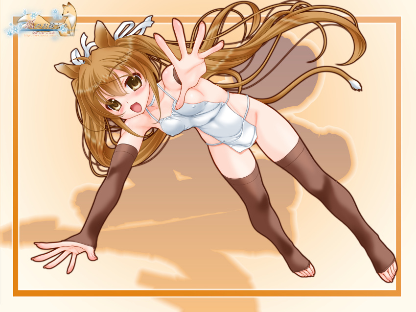 1girl :3 ahoge animal_ears bangs bare_shoulders bent_over blush boar_ears breasts brown_eyes brown_gloves brown_hair brown_legwear chinese_clothes chinese_zodiac detached_sleeves dot_nose dudou elbow_gloves erect_nipples eyebrows_visible_through_hair fingerless_gloves full_body gloves hair_between_eyes hair_ribbon highres long_hair looking_at_viewer nakajima_konta neck_ribbon new_year no_panties original outstretched_arms pussy_peek ribbon sideboob spread_fingers tail thighhighs toeless_legwear twintails very_long_hair year_of_the_pig