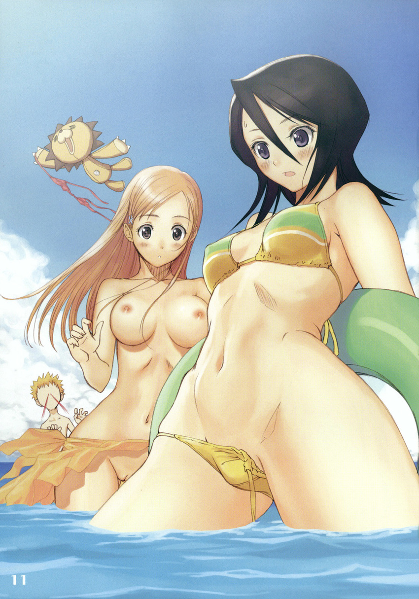 2girls :o arms_behind_back assisted_exposure beach bikini black_hair bleach blood blue_eyes blush breasts cleft_of_venus cloud day grey_eyes hair_between_eyes hair_ornament hairclip highres innertube inoue_orihime kon kuchiki_rukia kurosaki_ichigo large_breasts long_hair multiple_girls navel nipples nosebleed ocean open_mouth orange_hair orange_sarong outdoors pussy sarong short_hair sky spiked_hair string_bikini striped striped_bikini stuffed_animal stuffed_lion stuffed_toy surprised swimsuit tanaka_takayuki topless uncensored untied wading wardrobe_malfunction water