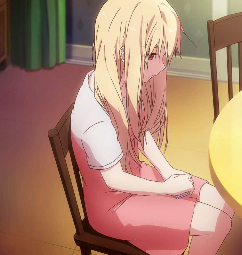 1girl anime_screencap blonde_hair blush breasts chair curtains depressed highres j.c._staff non-web_source profile sad sakura-sou_no_pet_na_kanojo shiina_mashiro sitting sliding_doors table