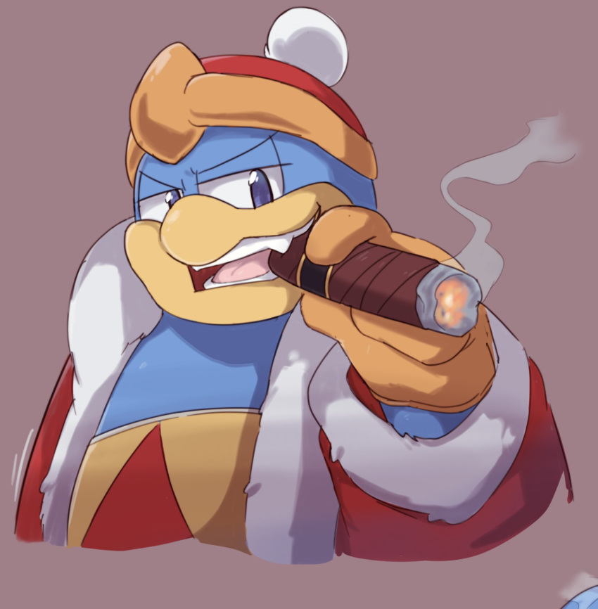 anthro avian beak bird blue_body blue_eyes blue_feathers cigar clothing feathers grin hat headgear headwear hi_res king king_dedede kirby_(series) male nintendo penguin robe royalty smile smoking solo st637 video_games