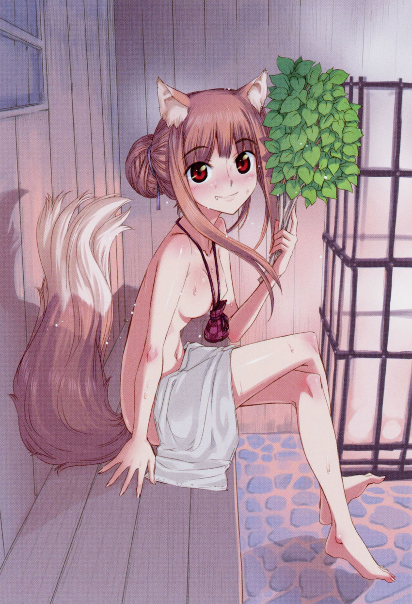 1girl animal_ears bangs barefoot blush body_blush breasts brown_hair closed_mouth covering crossed_legs eyebrows_visible_through_hair fang fang_out feet from_side full_body hair_bun hair_up highres holo jewelry koume_keito long_hair looking_at_viewer medium_breasts navel necklace non-web_source nude nude_cover official_art pouch red_eyes sauna scan sidelocks sitting smile solo spice_and_wolf stone_floor tail towel towel_on_legs vihta wet wolf_ears wolf_girl wolf_tail