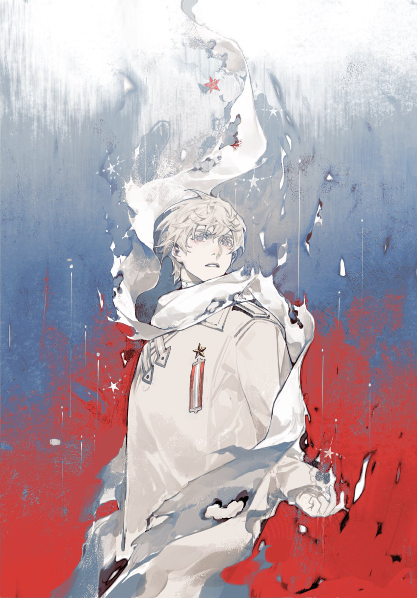 1boy axis_powers_hetalia blood broken burn_mark coat crack eteru flag highres holding holding_star long_sleeves looking_at_viewer male_focus medal parted_lips red_star russia_(hetalia) russian_flag scarf solo star_(symbol) torn_scarf upper_body white_coat white_eyes white_hair white_scarf