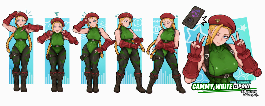 1girl beret black_legwear blue_eyes boots braid cammy_white cellphone dancing double_v fingerless_gloves fortnite full_body gloves green_leotard hat hershuar highres leotard open_mouth pantyhose phone red_headwear scar scar_on_cheek scar_on_face sequential smartphone smile solo street_fighter twin_braids v