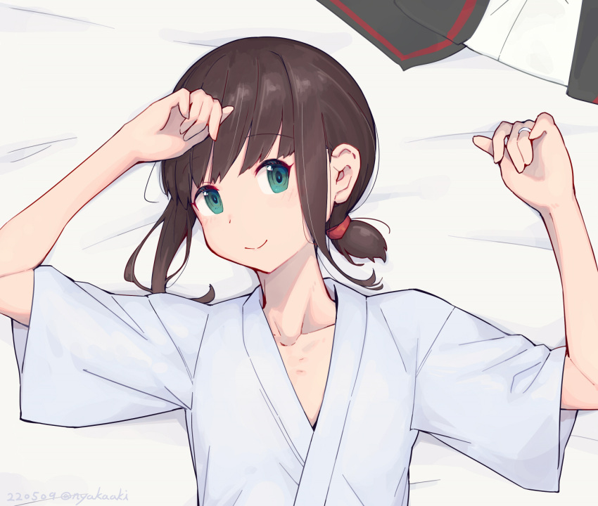 1girl bed_sheet black_hair blush closed_mouth collarbone dated eyebrows_visible_through_hair fubuki_(kancolle) fubuki_kai_ni_(kancolle) green_eyes highres japanese_clothes jewelry kantai_collection looking_at_viewer nakaaki_masashi ring school_uniform serafuku short_hair short_ponytail smile solo twitter_username upper_body wedding_band