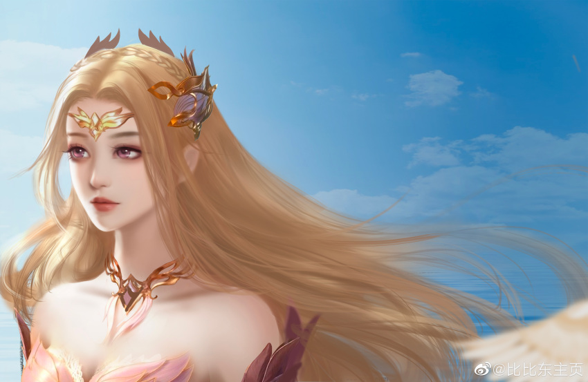 1girl absurdres bare_shoulders bibi_dong_zhuye blonde_hair blue_eyes blue_sky cloud douluo_dalu expressionless hair_ornament highres long_hair looking_to_the_side ocean qian_renxue_(douluo_dalu) sky solo upper_body wings