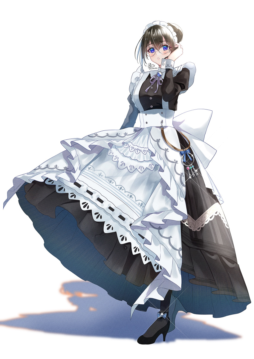 1girl absurdres alternate_costume apron bespectacled black_footwear black_hair blue_eyes commentary_request enmaided full_body glasses hair_bun hand_on_eyewear high_heels highres idolmaster idolmaster_cinderella_girls idolmaster_cinderella_girls_starlight_stage juliet_sleeves keychain long_sleeves looking_at_viewer maid maid_apron maid_headdress parted_lips puffy_sleeves sagisawa_fumika shadow signature solo yuuyu_(moco20111115)