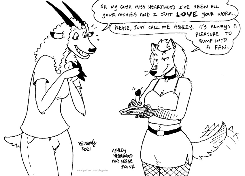 2021 antelope anthro ashley_heartwood black_and_white bottomwear bovid breasts canid canine canis cleavage clothed clothing dani_(tegerio) dialogue duo english_text female fur hair herm_(lore) horn mammal monochrome navel scut_tail short_tail skirt tail_motion tailwag tegerio text whiskers wolf
