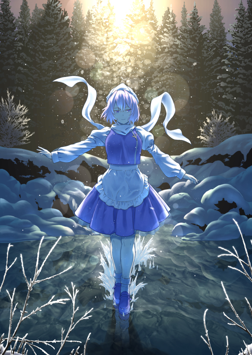 1girl ater9 blue_eyes blue_footwear eyebrows_visible_through_hair hat highres ice letty_whiterock light_rays looking_at_viewer outstretched_arms scarf skirt smile socks solo touhou tree walking walking_on_liquid water white_hair white_headwear white_scarf winter