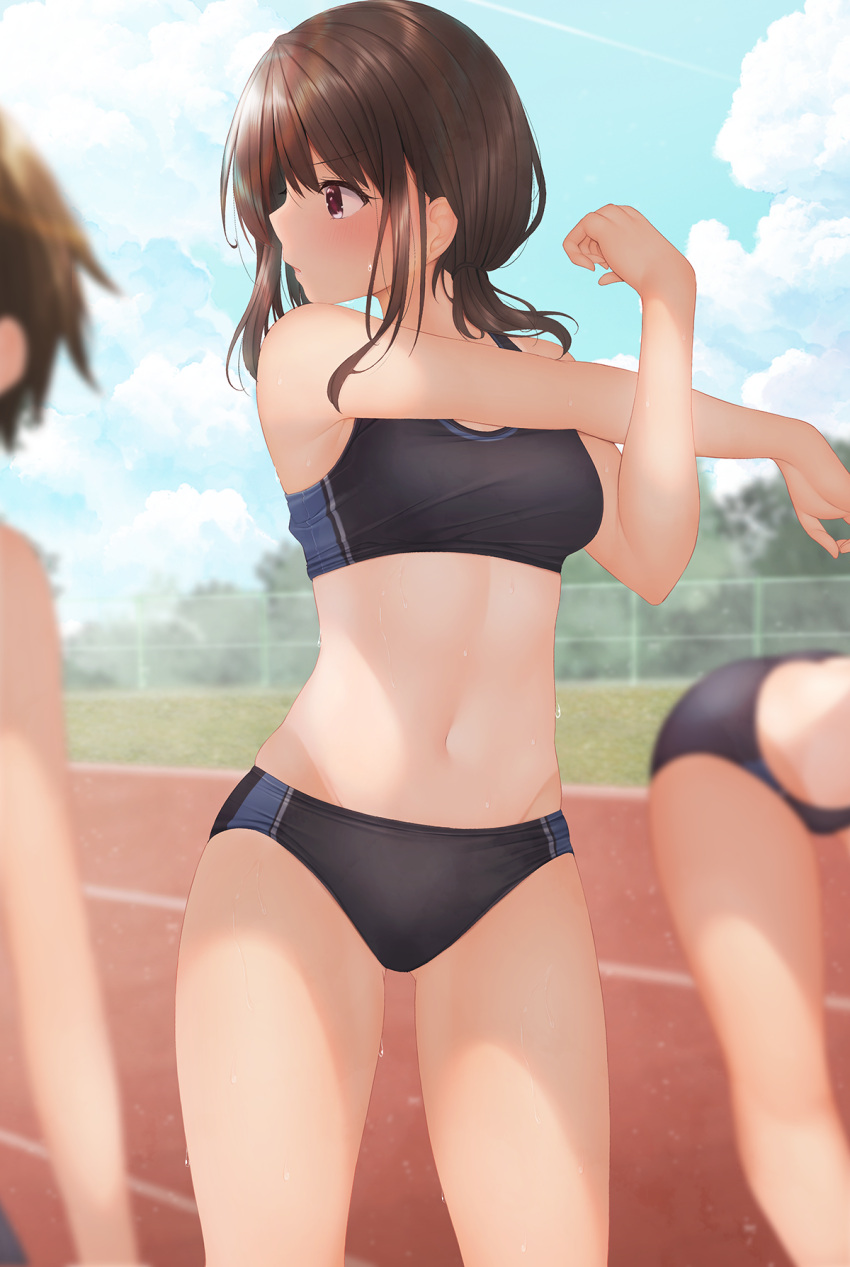 3girls ass_visible_through_thighs bent_over black_buruma black_sports_bra breasts brown_eyes brown_hair buruma cloud commentary_request expressionless highres looking_away looking_to_the_side midriff minato_ojitan multiple_girls navel original outdoors outstretched_arm running_track short_hair sky small_breasts sports_bikini sports_bra stretch tan tanlines thighs track_and_field