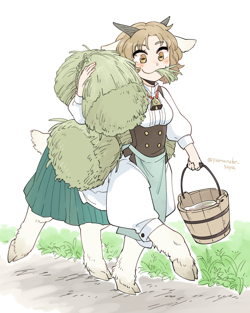 1girl absurdres animal_ears apron bell blue_apron blue_skirt brown_vest bucket bucket_of_water centauroid cowbell full_body goat_ears goat_girl goat_horns grass highres holding holding_bucket hooves horns light_brown_eyes light_brown_hair long_sleeves monster_girl mouth_hold neck_bell original pleated_skirt puffy_long_sleeves puffy_sleeves short_hair skirt solo stalk_in_mouth taur twitter_username vest walking wheat white_background white_fur yamanobe_saya