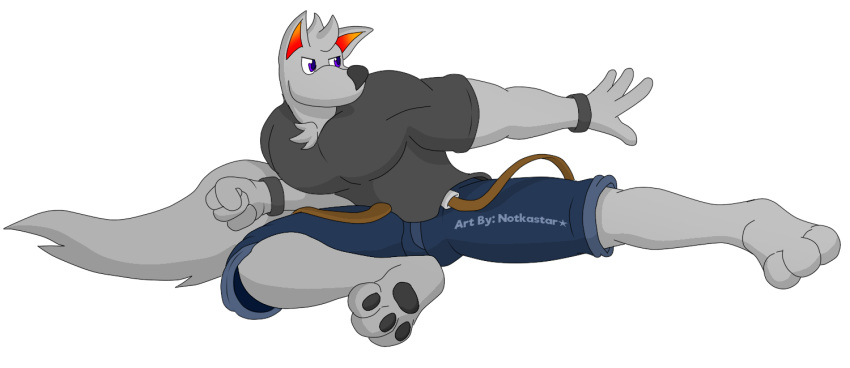 anthro attack belt bottomwear canid canine canis clothing feet fist flying_kick fur kick male mammal midair muscular muscular_male notkastar pawpads pecs raised_leg shirt shorts solo suspended_in_midair t-shirt taekwondo topwear wolf wristband zatch zatch_(character)