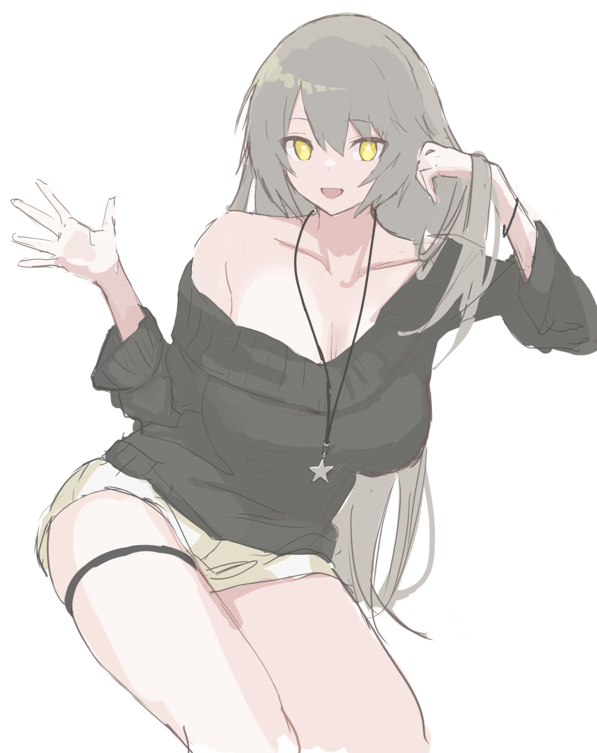 1girl absurdres black_sweater breasts casual cleavage eyebrows_visible_through_hair ff_frbb122 girls'_frontline grey_hair highres jewelry long_hair necklace off-shoulder_sweater off_shoulder shorts simple_background single_bare_shoulder solo star_(symbol) sweater ump40_(girls'_frontline) white_background white_shorts yellow_eyes