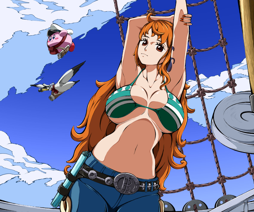 1girl absurdres anime_coloring bikini breasts cleavage clima-tact commentary_request dress highres kirby kirby_(series) large_breasts long_hair looking_at_viewer nami_(one_piece) navel one_piece orange_hair shinji20 simple_background smile solo stomach string_bikini swimsuit tattoo