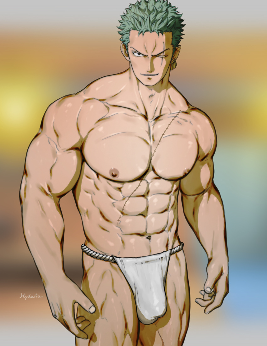 1boy abs artist_name bara biceps black_eyes bulge frown fundoshi green_hair highres hydaria japanese_clothes large_pectorals looking_at_viewer male_focus male_underwear manly mature_male muscular muscular_male navel nipples no_pants one_eye_closed one_piece pectorals roronoa_zoro scar scar_across_eye scar_on_chest scar_on_stomach solo spiked_hair thick_arms thick_thighs thighs topless_male underwear