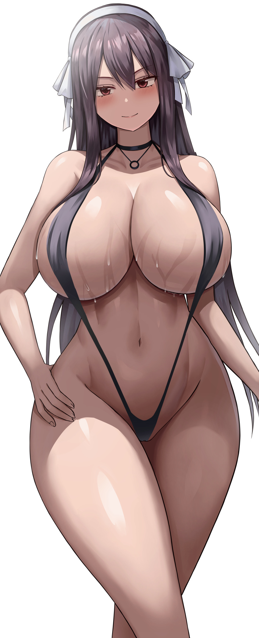 1girl absurdres bangs black_choker black_hair black_swimsuit blush breasts choker cleavage closed_mouth collarbone fairy_tail hair_ornament hairband hand_on_hip highres jasony large_breasts long_hair looking_at_viewer navel one-piece_swimsuit red_eyes sideboob simple_background smile solo swimsuit thighs ultear_milkovich wet white_background white_hairband