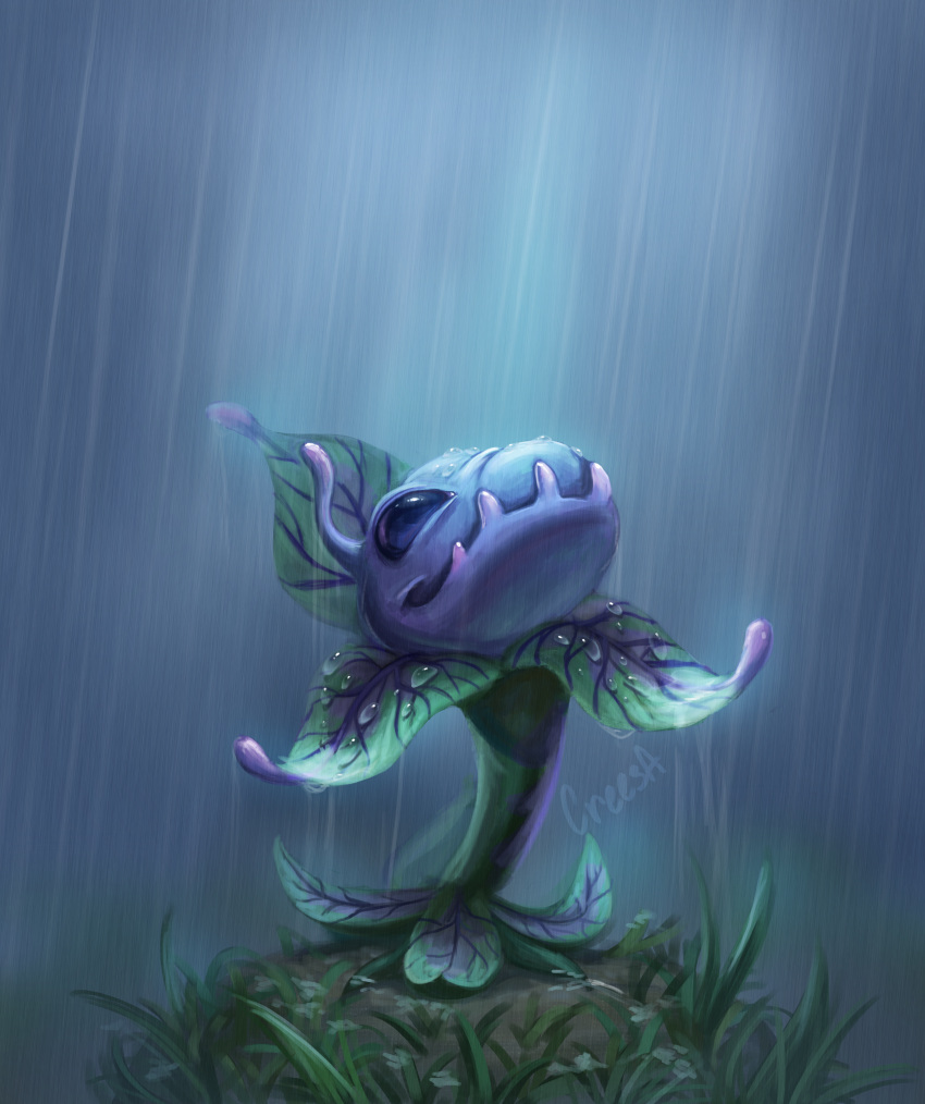 2022 absurd_res alien ambiguous_gender antennae_(anatomy) creesa disney elemental_creature experiment_(lilo_and_stitch) flora_fauna green_body hi_res lilo_and_stitch looking_up male_(lore) plant purple_body raining shaded smile soft_shading solo sprout_(lilo_and_stitch) wet