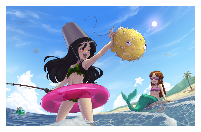 2girls ;d absurdres aircraft airship animal beach bikini black_hair border brown_hair bucket bucket_(suweeka) bucket_on_head closed_eyes day english_commentary fish fishing_rod goggles goggles_(suweeka) green_bikini highres holding holding_animal holding_fish holding_fishing_rod innertube long_hair mermaid mermaid_costume monster_girl multiple_girls navel object_on_head one_eye_closed original outdoors palm_tree partially_submerged puffer_fish red_eyes shell shell_bikini sitting sky smile strapless strapless_bikini sun suweeka swimsuit terraria tree water white_border