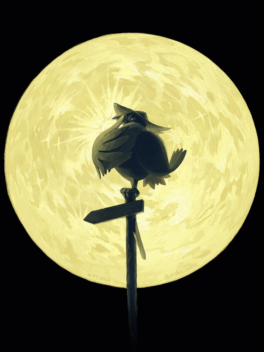 bird dated from_side highres honchkrow mokuzou_(moku_ssbu) moon no_humans pokemon pokemon_(creature) sign solo standing symbol-only_commentary twitter_username