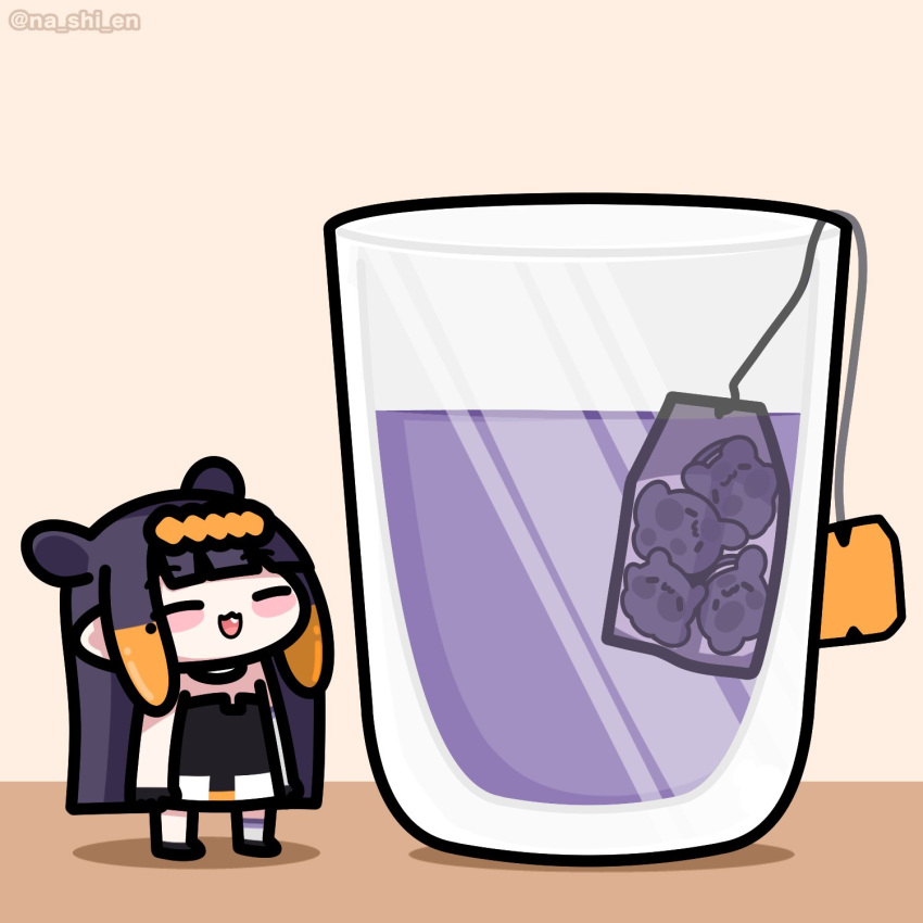 1girl bangs black_hair cup drinking_glass highres hololive hololive_english iced_tea long_hair multicolored_hair nashi_(na_shi_en) ninomae_ina'nis pointy_ears purple_hair sidelocks smile tako_(ninomae_ina'nis) teabag tentacle_hair tentacles very_long_hair virtual_youtuber