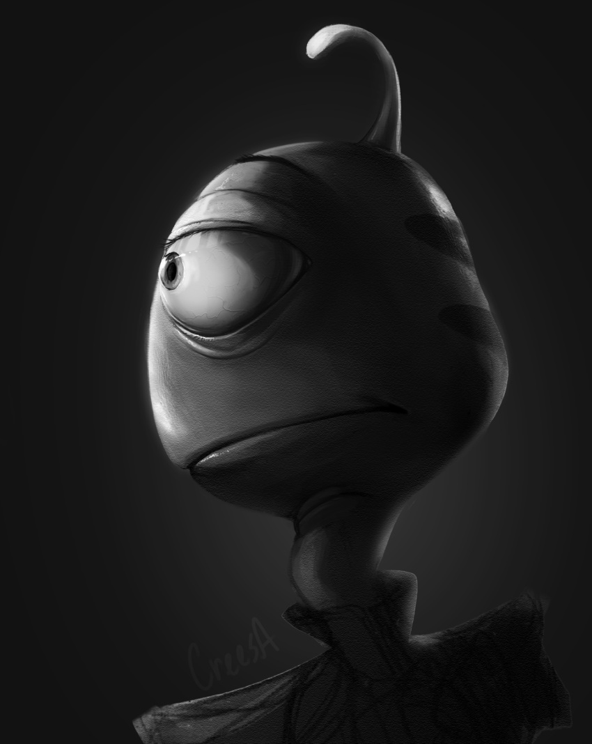 1_eye 2022 alien antennae_(anatomy) bust_portrait clothed clothing creesa disney gradient_background greyscale greyscale_background head_markings hi_res lilo_and_stitch male markings monochrome occipital_markings plorgonarian portrait realistic signature simple_background solo uniform wendy_pleakley