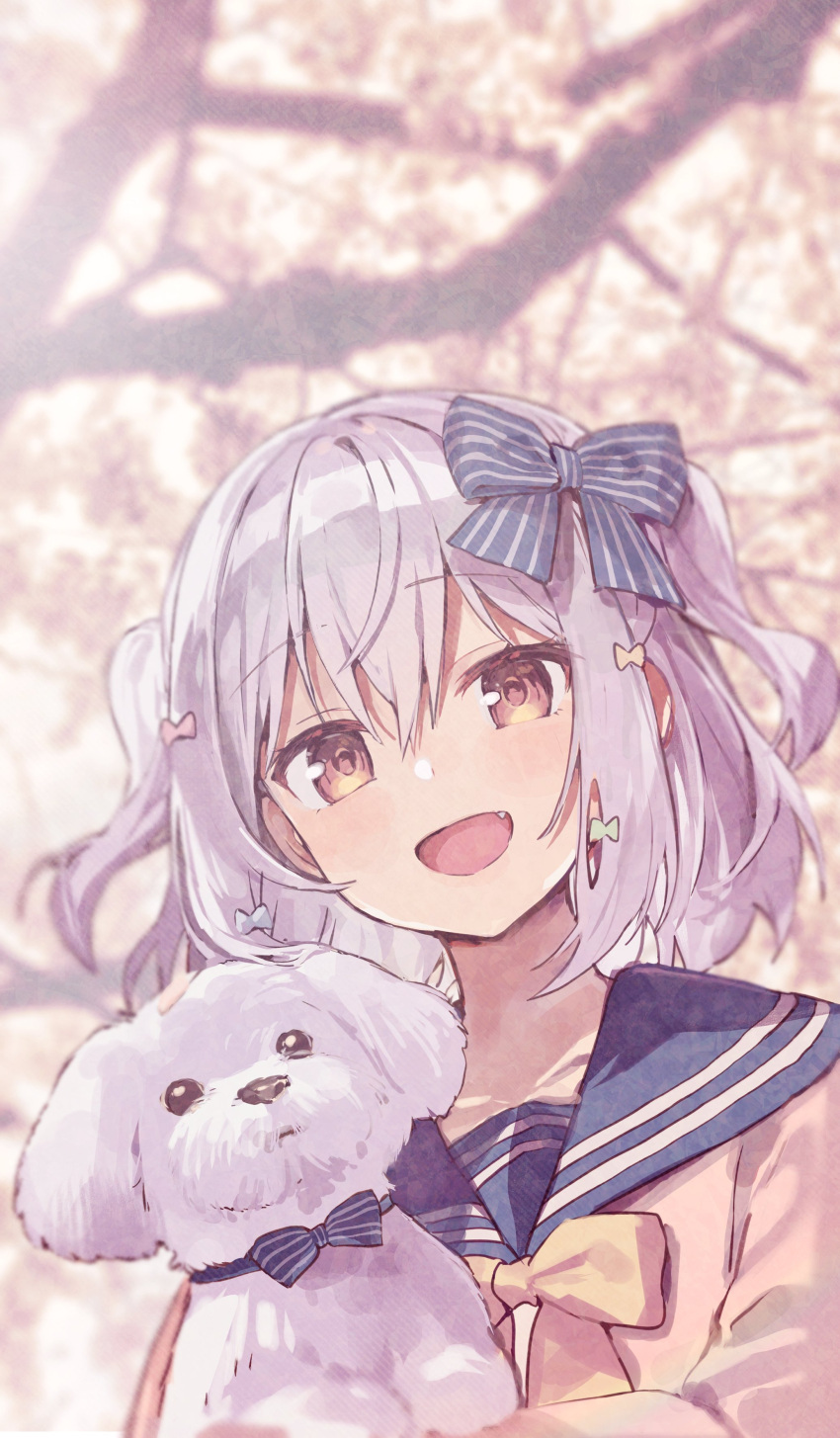 1boy absurdres animal blue_bow blue_hair blurry bow depth_of_field dog fang hair_bow highres holding holding_animal holding_dog inuyama_tamaki looking_at_viewer noripro otoko_no_ko sailor_collar short_hair smile striped striped_bow virtual_youtuber yumesaki_nana