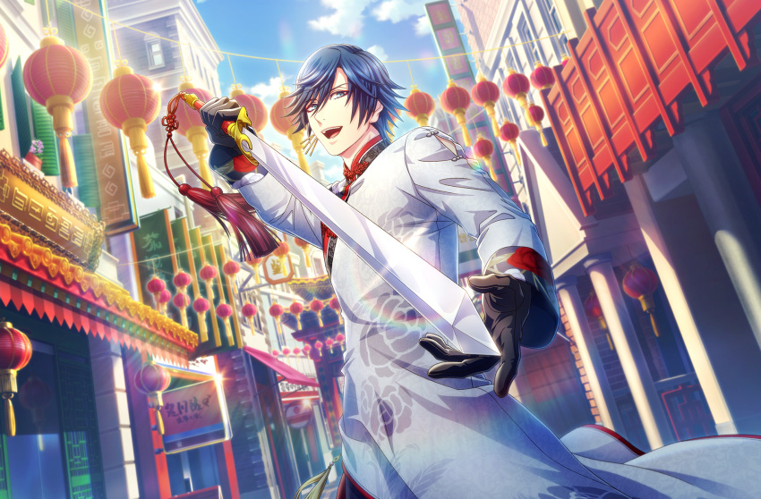 1boy :d architecture black_gloves black_pants blue_eyes blue_hair changpao chinese_clothes day earrings east_asian_architecture eyeliner floral_print glint gloves hair_between_eyes highres holding holding_sword holding_weapon house ichinose_tokiya jewelry jian_(weapon) lantern looking_at_viewer makeup male_focus official_art outdoors pants red_eyeliner rose_print short_hair single_earring smile solo sword tassel teeth third-party_source upper_body upper_teeth uta_no_prince-sama uta_no_prince-sama:_shining_live weapon